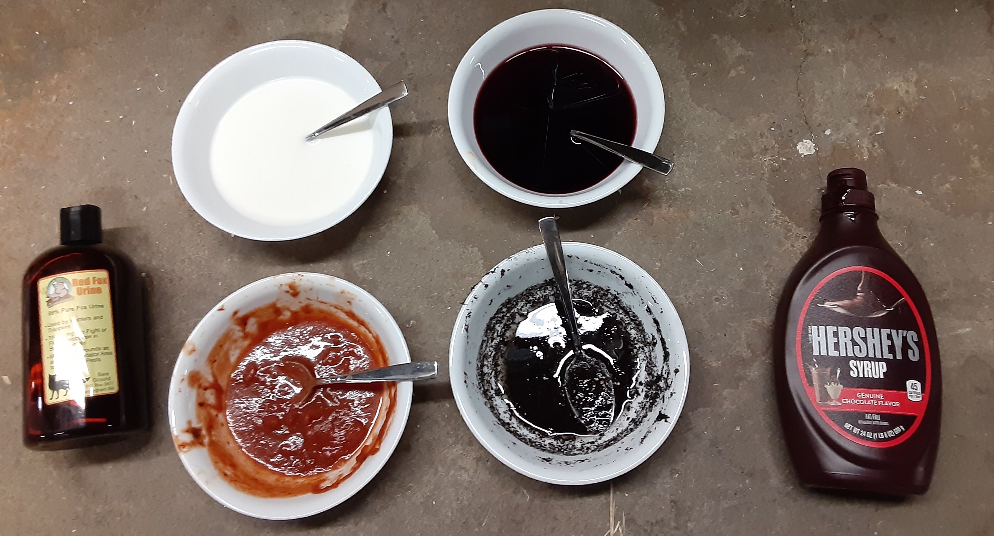 Two bottles and four bowls full of our testing stains, from chocolate to tomato sauce