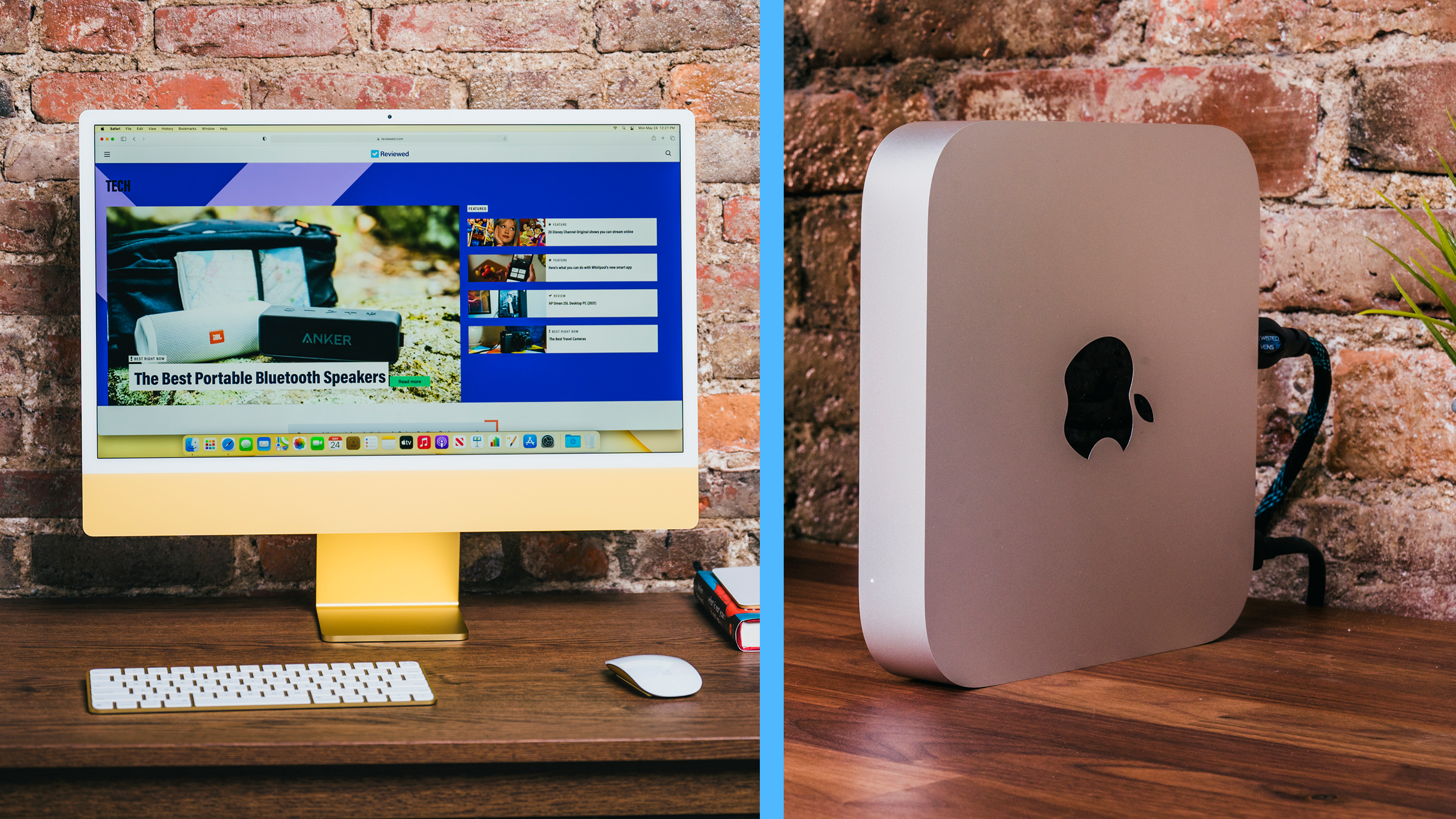 A sinistra: l'IMAC si siede su una scrivania, acceso. A destra: il Mac Mini posa su una scrivania