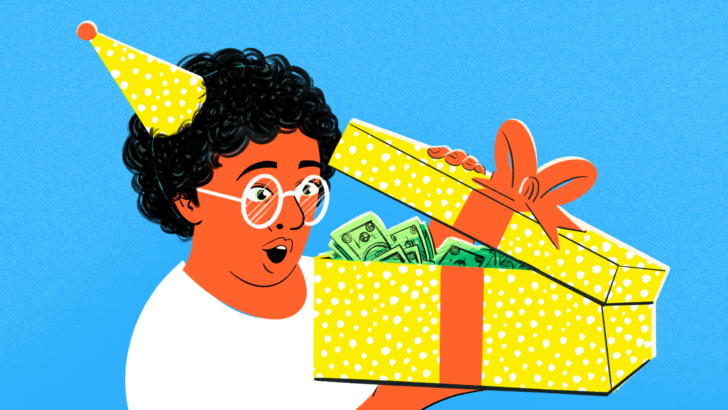 Иллюстрация человека в праздничной шляпе, открывающего коробку с деньгами.