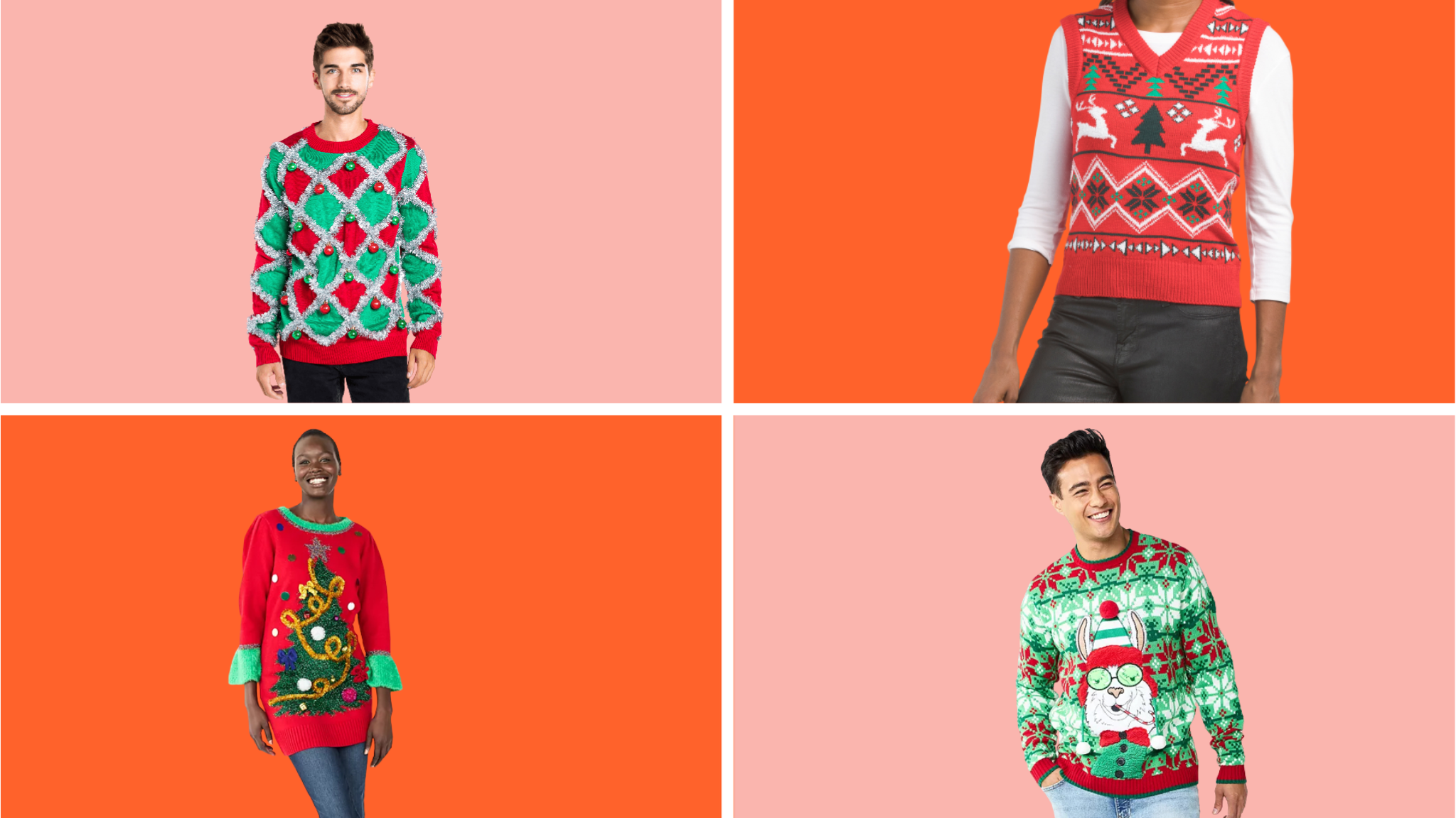 Коллаж из четырех уродливых рождественских свитеров на розовом и оранжевом фоне.