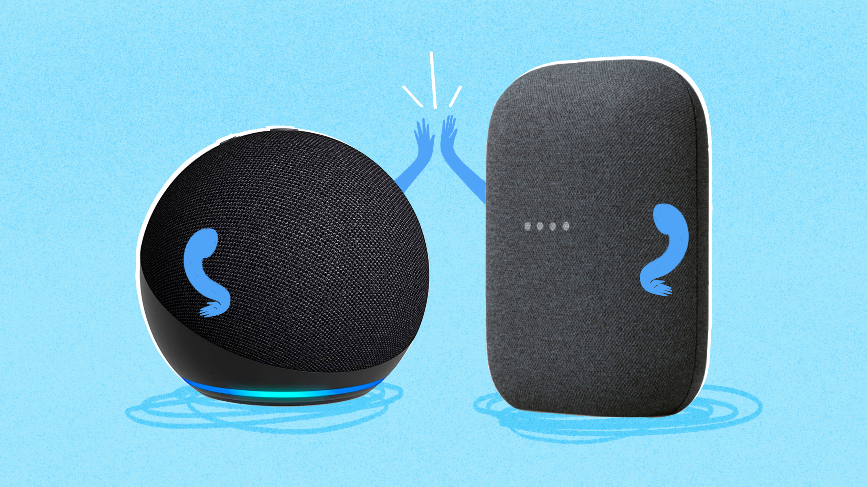 Amazon Echo Smart Speaker High-Fiving A Google Home 스마트 스피커의 그림