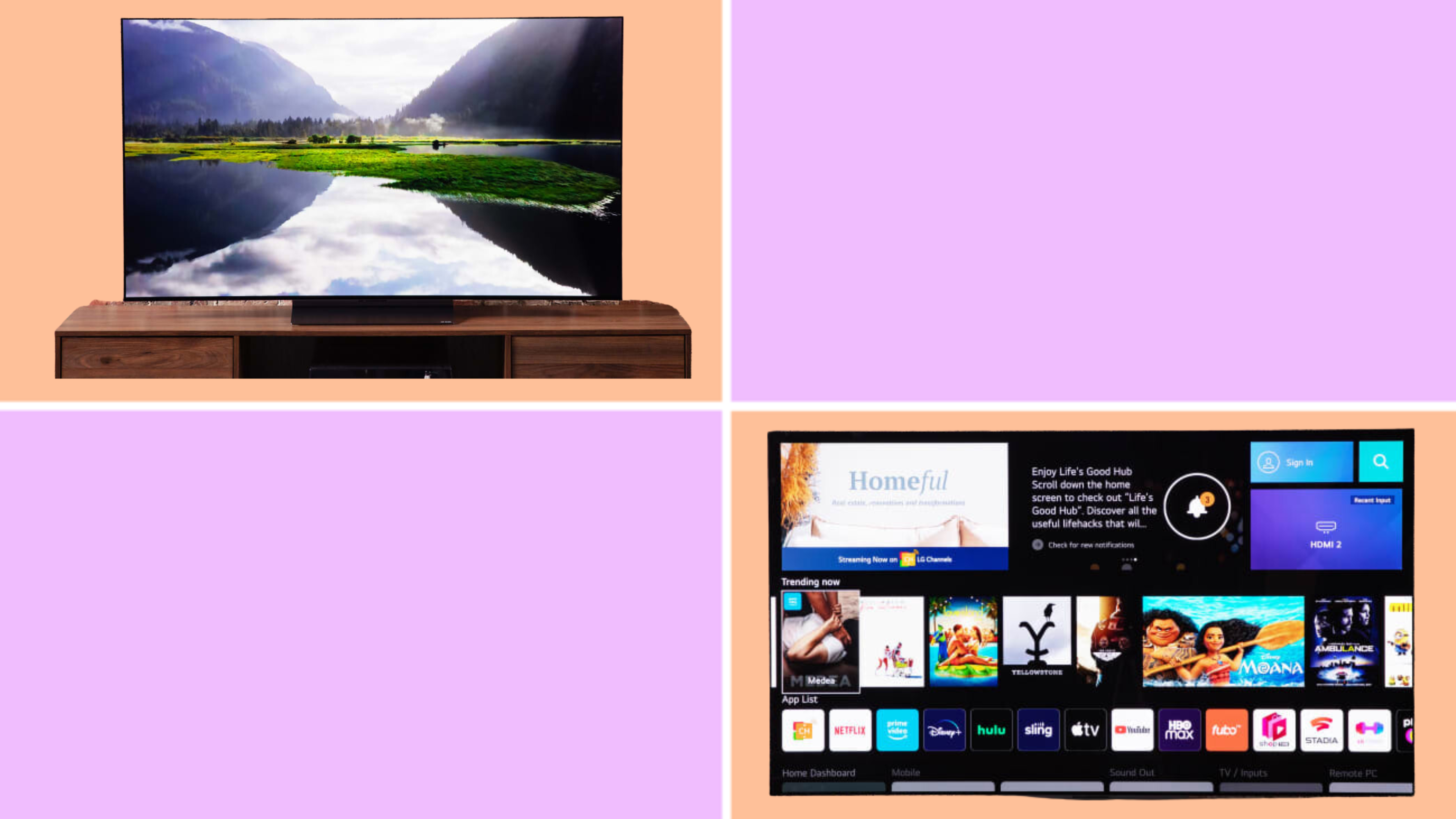 ทีวี LG C3 OLED ถัดจากทีวี LG G2 OLED บนพื้นหลังสีส้มและสีม่วง