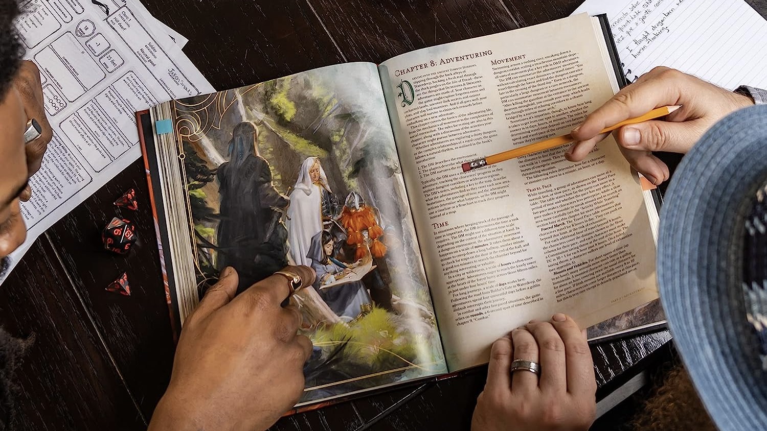 Alguns amigos lendo um manual de Dungeons & Dragons