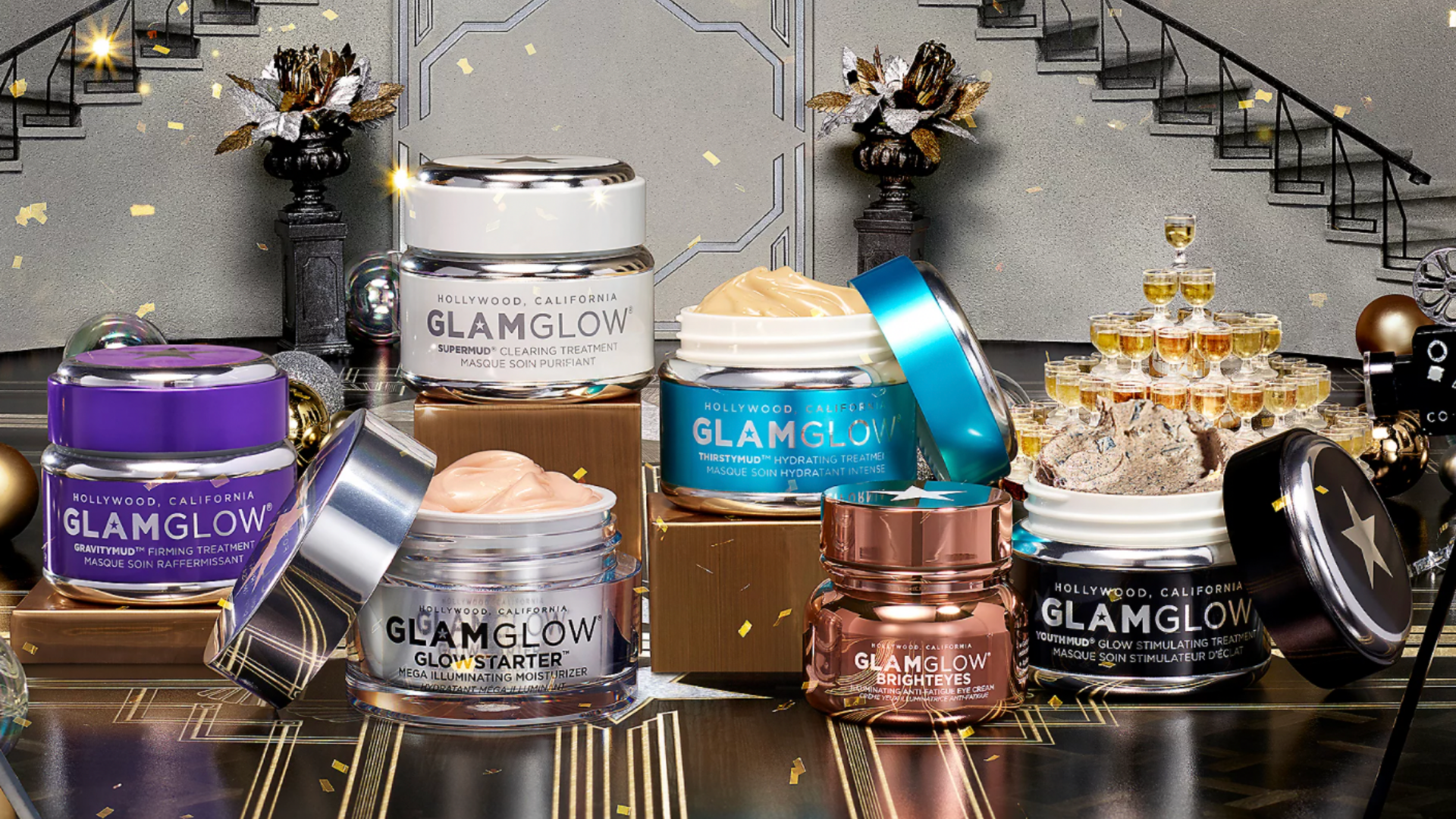 An assortment of Glamglow cosmetics.