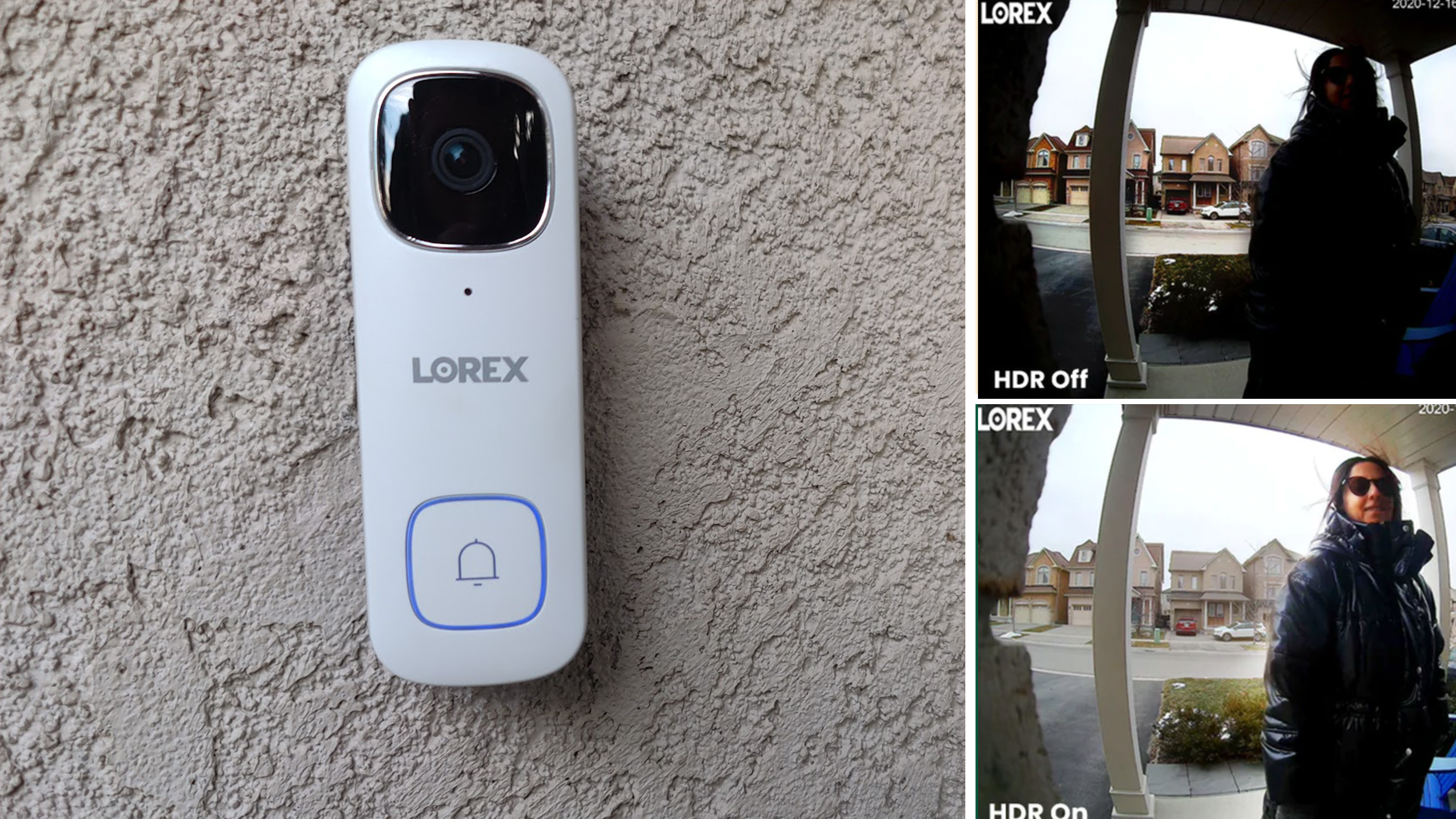 Слева Lorex 2K Wired Video Door Doorled установлен на стене дома на открытом воздухе