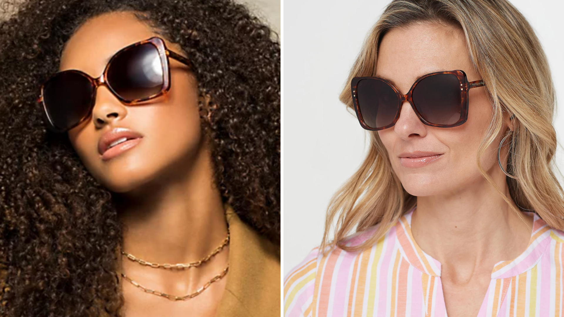 Two models wear large and dark sunglasses.