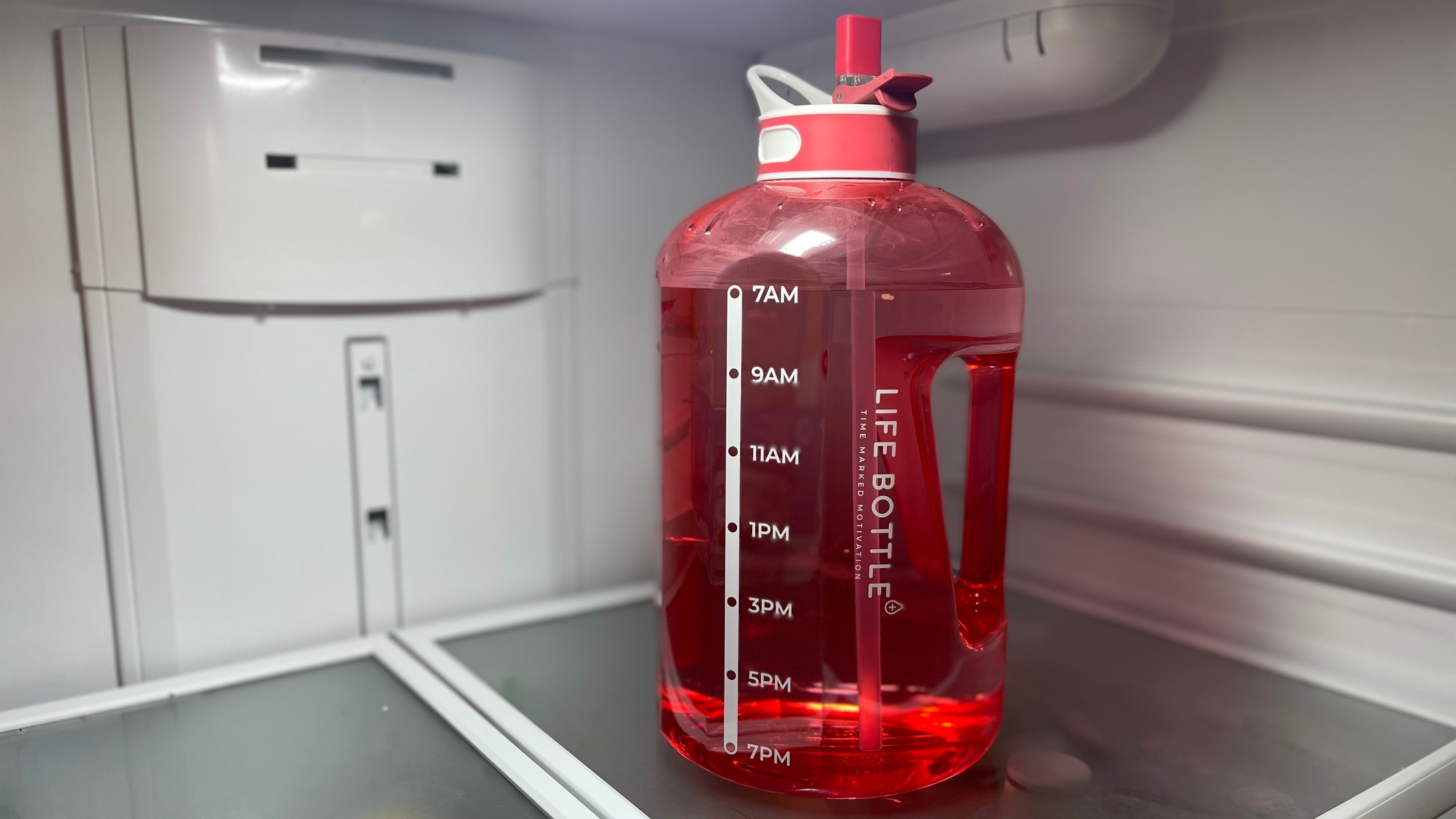 A one-gallon red Life Water Bottle sitting in a fridge