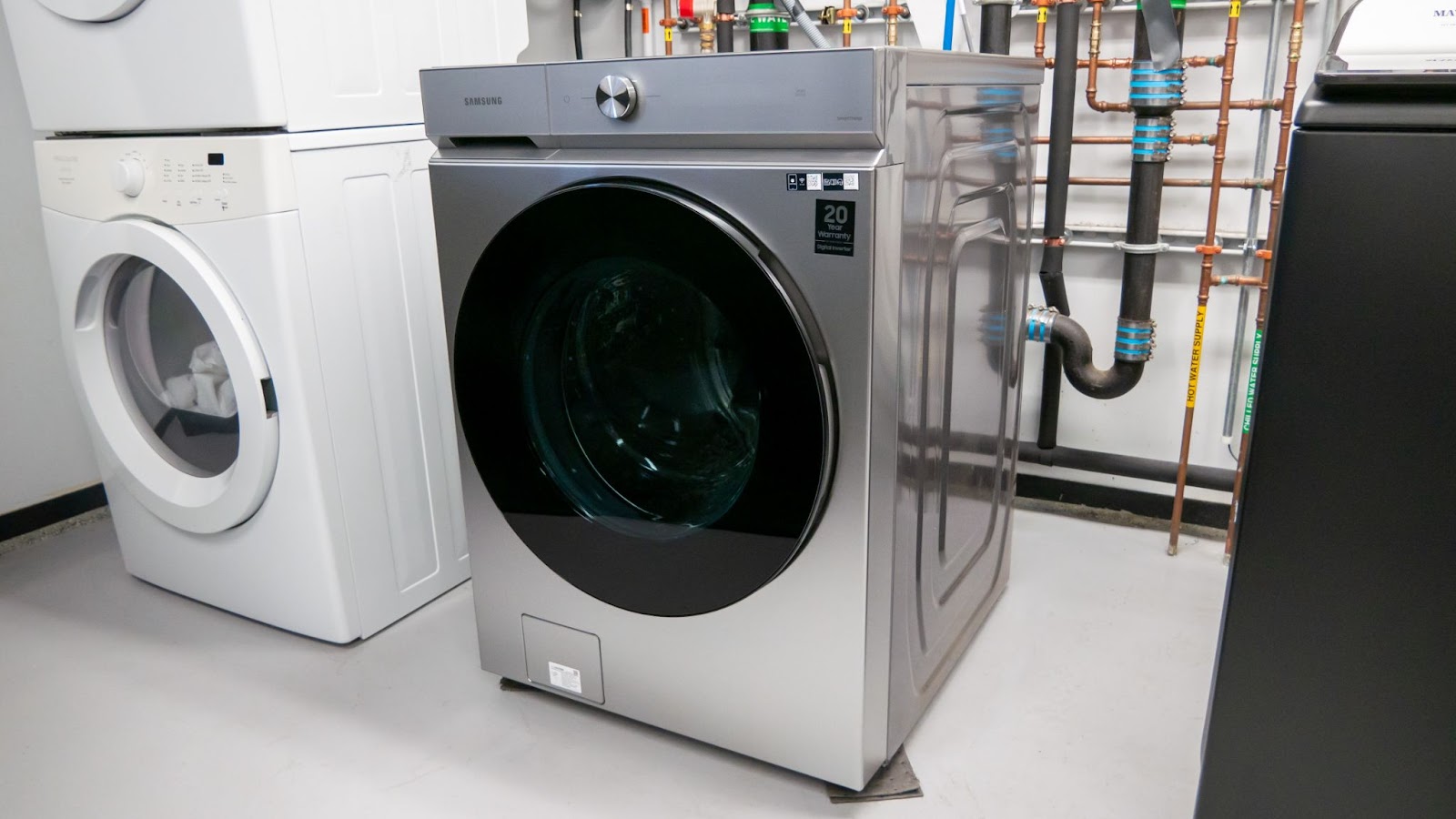 The Samsung WF53BB8700AT washer set up in our laundry testing lab.