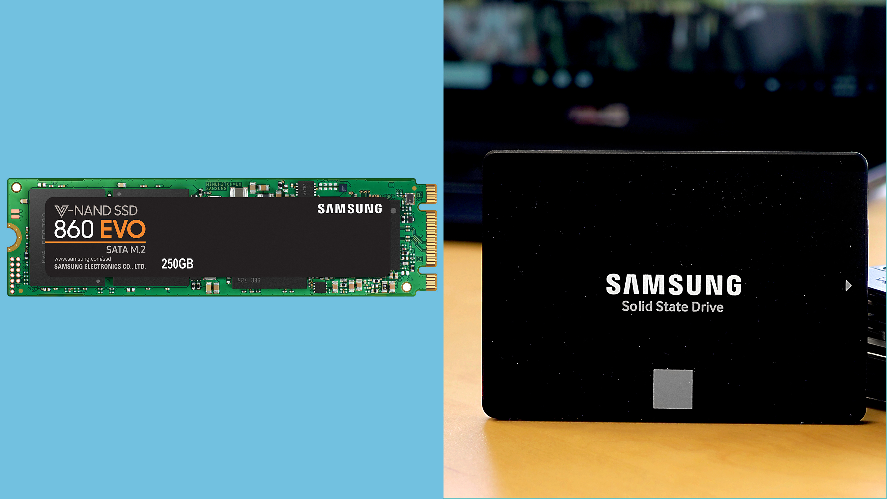 Links: Der Samsung 860 EVO in einem M.2 -Formfaktor. Rechts: Das Gleiche in einem 2,5-Zoll-Laufwerk