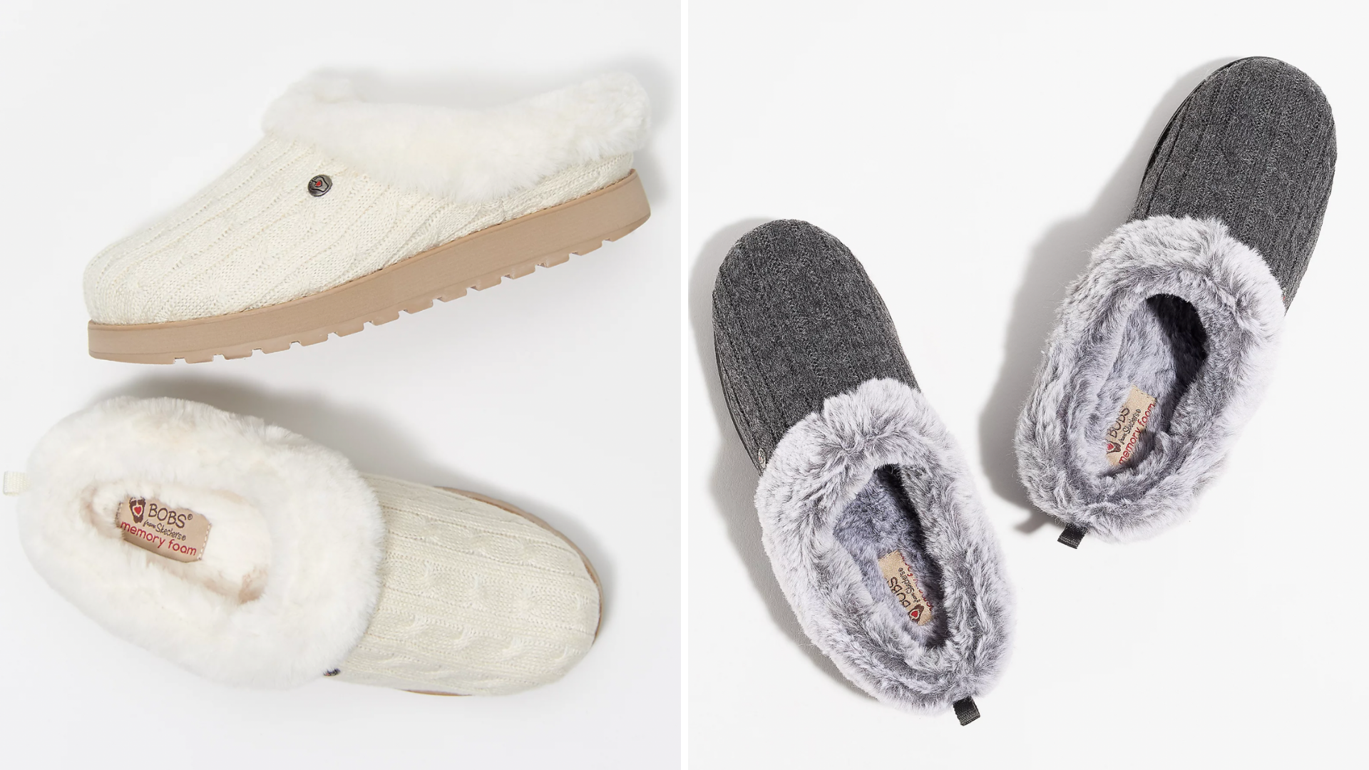 Two pairs of white and grey slippers.
