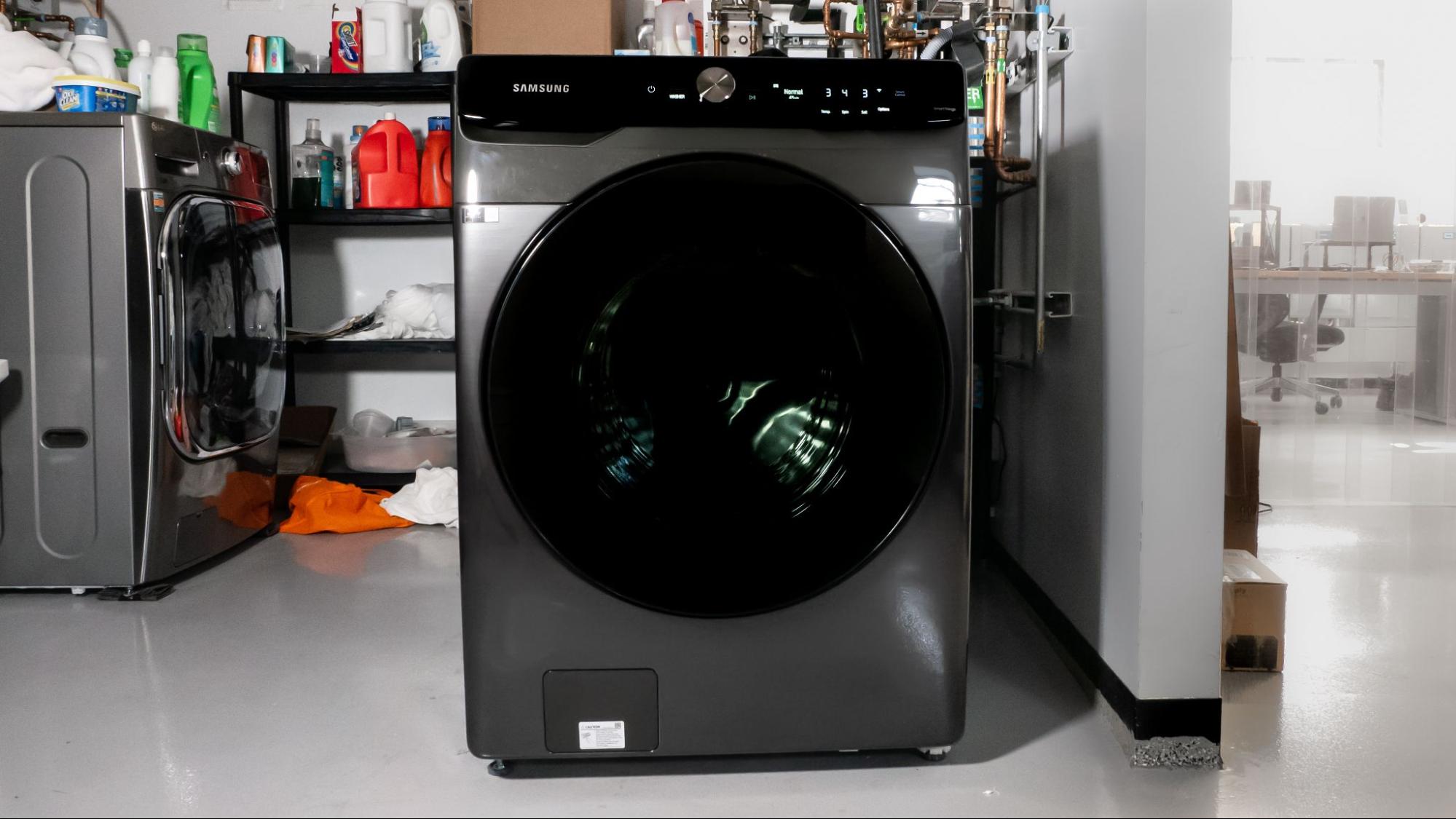The Samsung WF50A8600AV washing machine set up in our laundry testing lab.