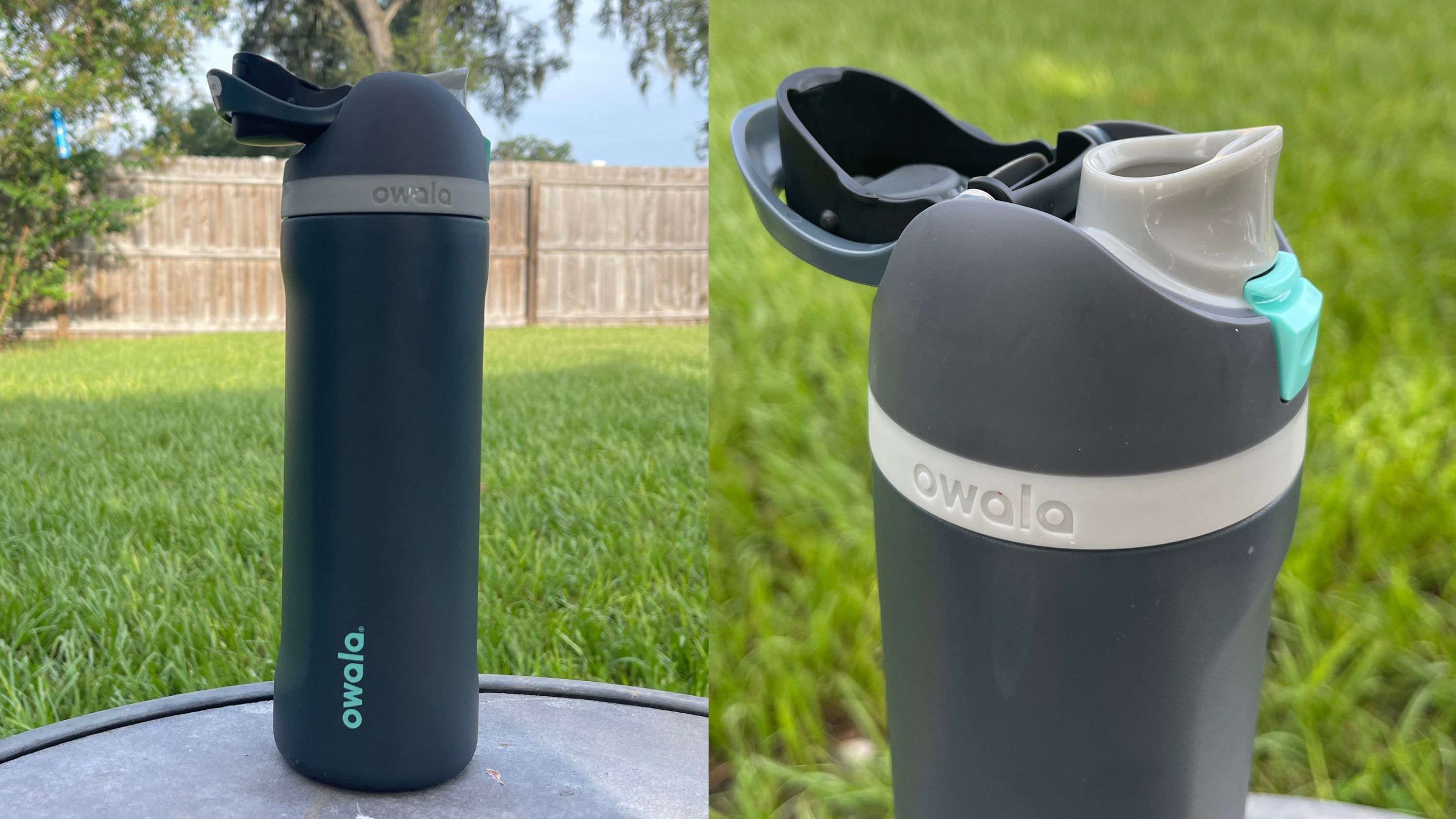A side by side of the full Owala FreeSip bottle sitting outdoors next to another image of an up close look of the Owala FreeSip