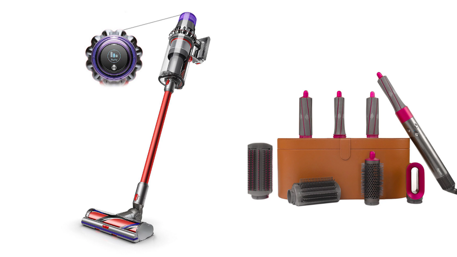 Dyson vacuum and curling wand on white background
