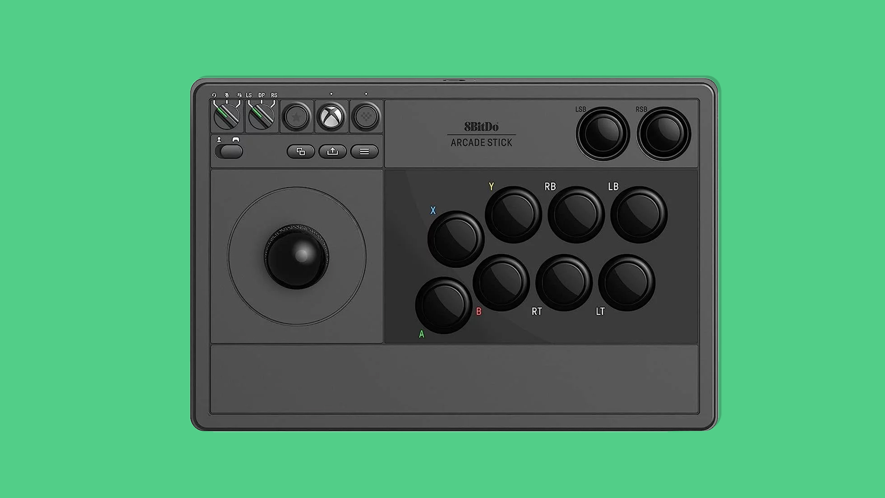 The 8BitDo Arcade Stick for Xbox Series X|S on a green background.