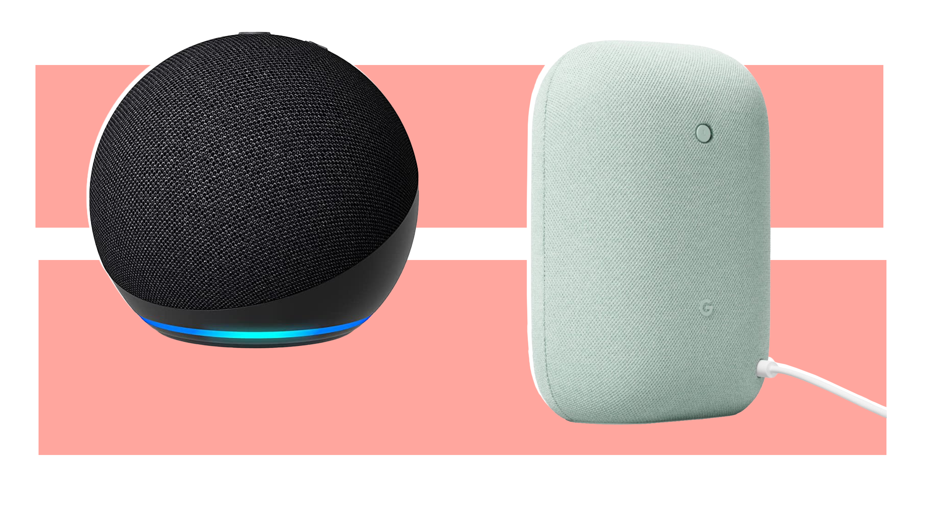 Inteligentní reproduktor Amazon Echo (4. gen) vedle zvukového reproduktoru Google Nest