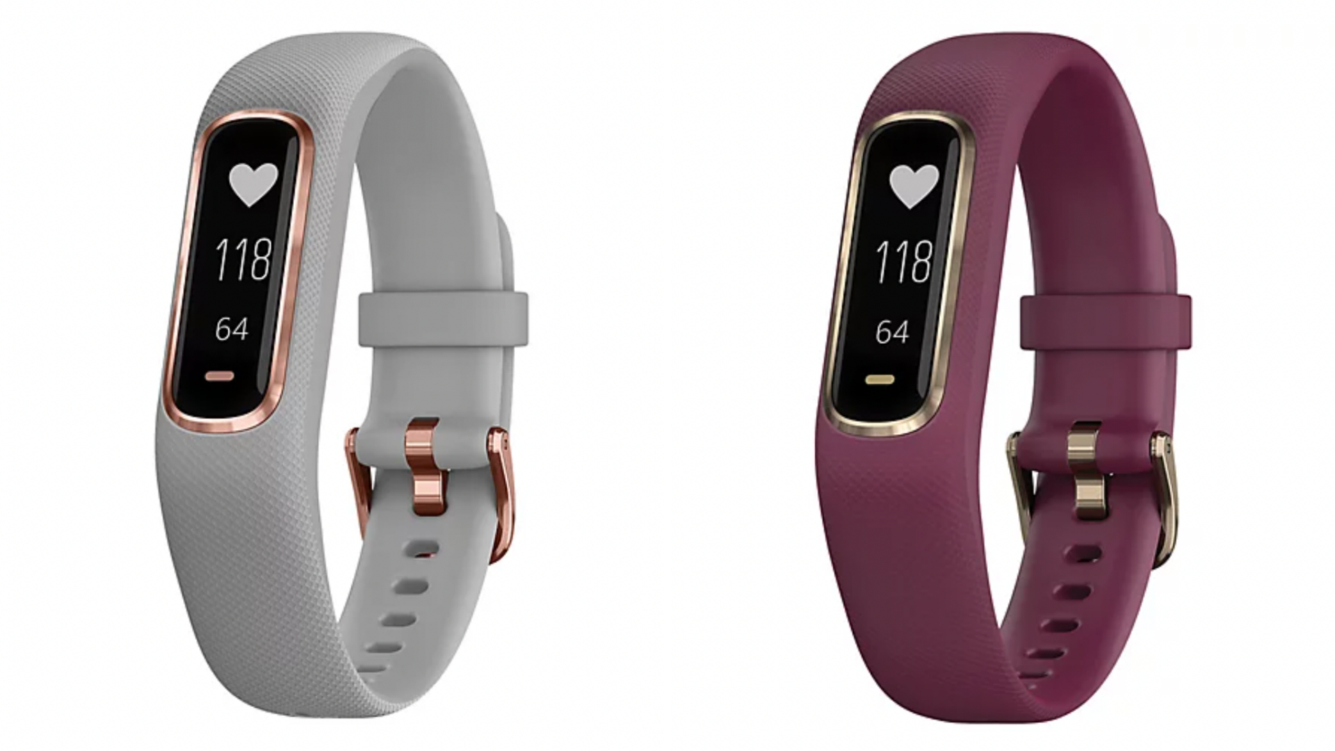 Two white and maroon fitness trackers.