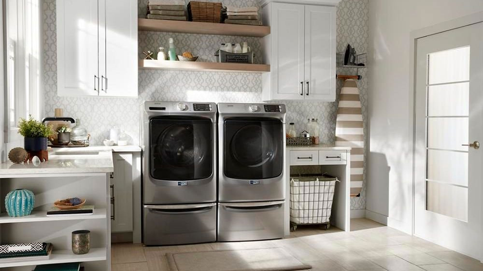 The Maytag front-load washer set up in a modern home.