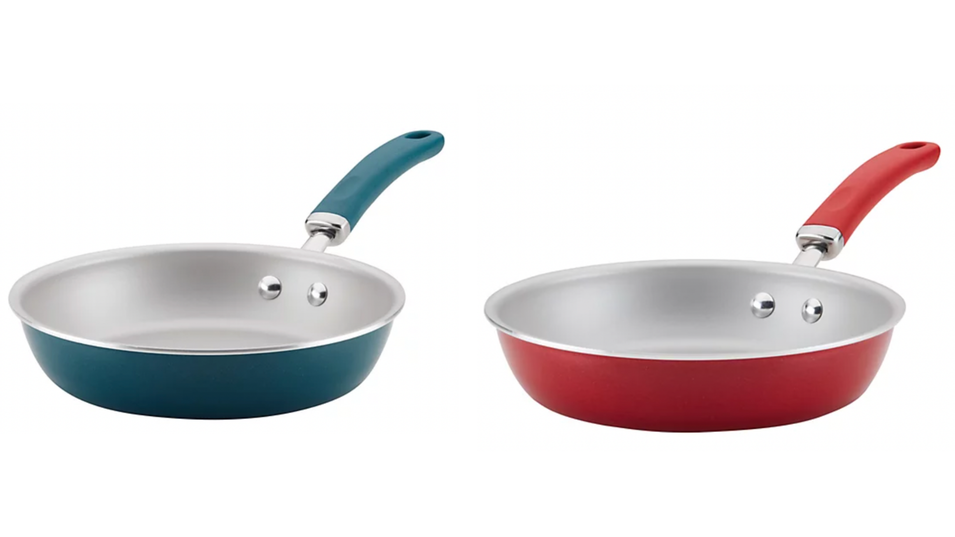 A blue and red Rachael Ray skillet.