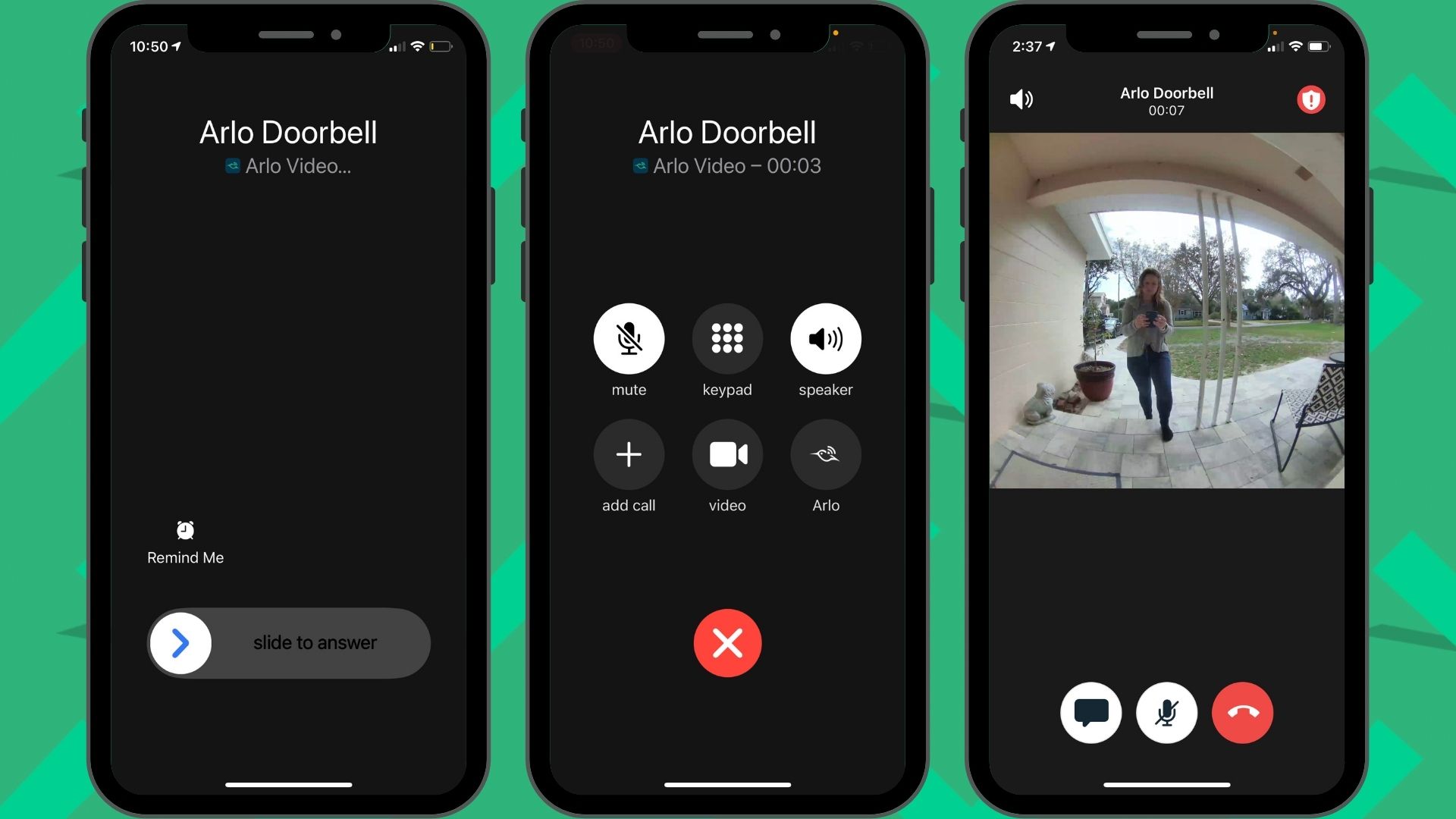 iOS screenshots of answering the Arlo Essential Wire-Free Doorbell