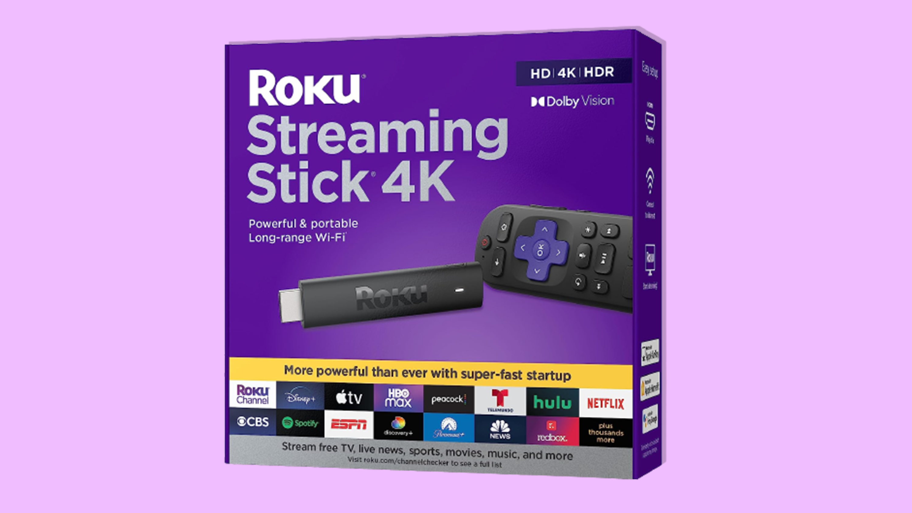 Roku Streaming Stick 4K on a magenta background.