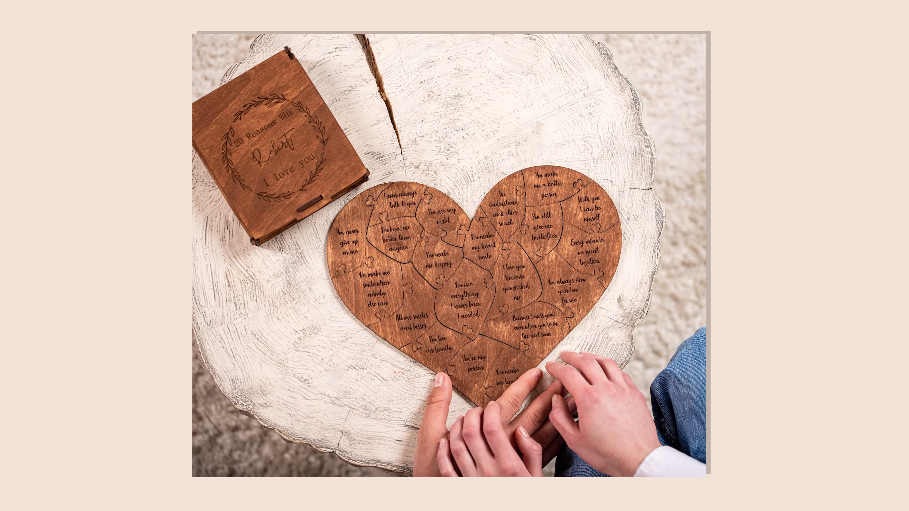 Gifts for girlfriend Reasons I Love You personalized wooden puzzle on tan background.