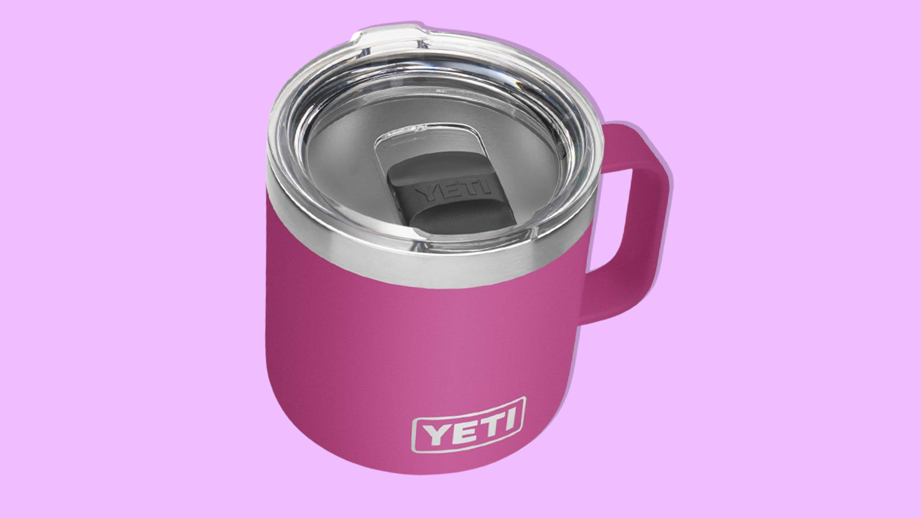 YETI Rambler Mug on a magenta background.