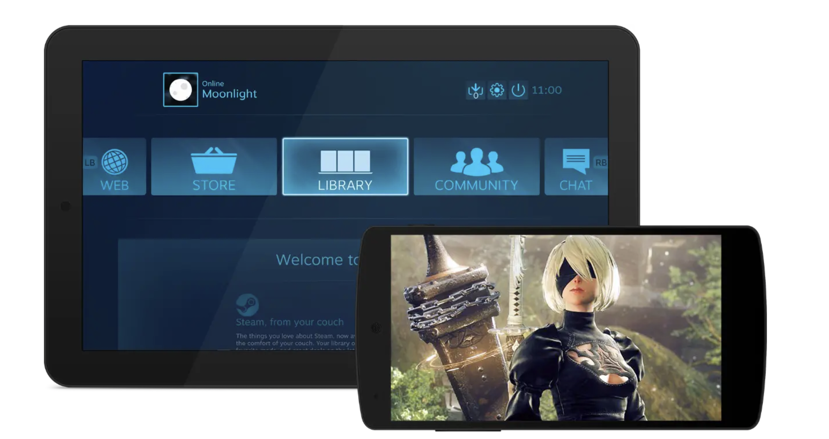 Une tablette avec une bibliothèque de jeux exposée et un téléphone avec un jeu exposé